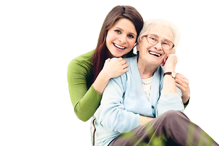 young woman sitting behind older woman with hands wrapped around her in an embrace