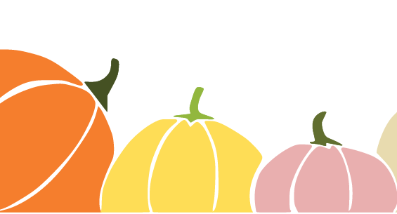 illustrated pumpkins in orange yellow and light pink with green stems
