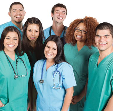 group of male and female nurses in scrubs